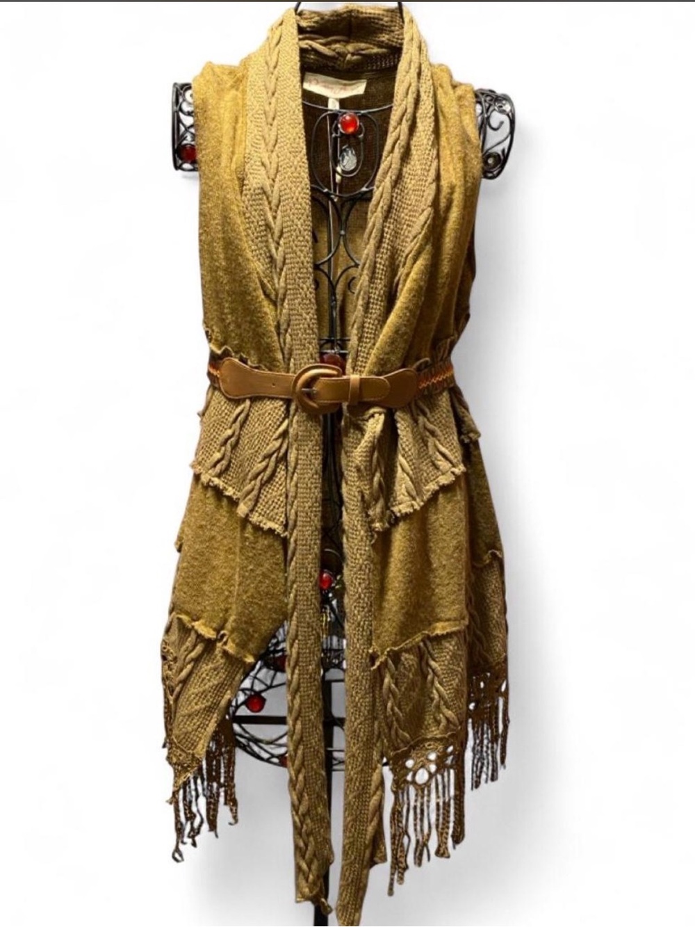 Pretty Angel knit brown fringed sleeveless cardigan vest and belt, womens small